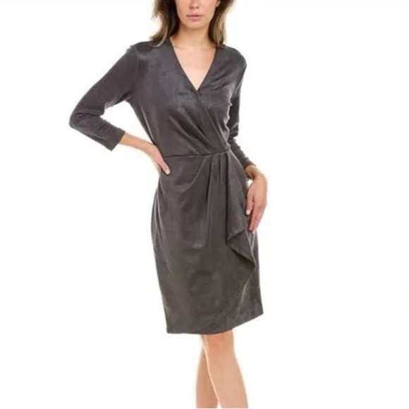 J. McLaughlin Faux Suede Faux Wrap Black Mini Dress - Picture 1 of 12